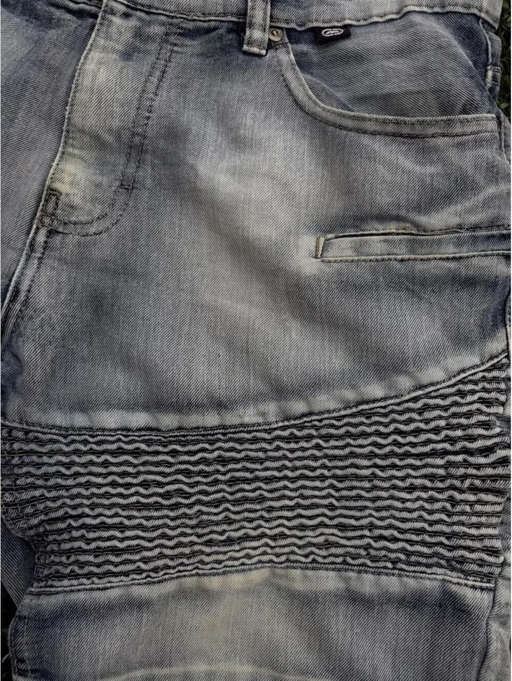 Echo Men's Blue Denim Y2K Shorts with Black Wavy Stripe Pattern Size 36